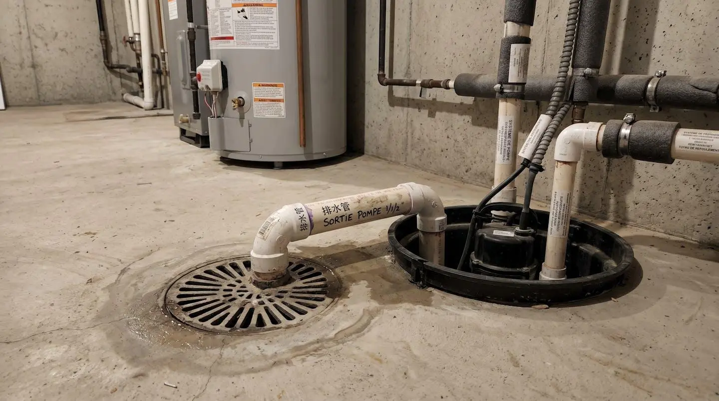 Gros plan d'un drain de plancher de sous-sol et système de pompe de puisard dans une maison québécoise