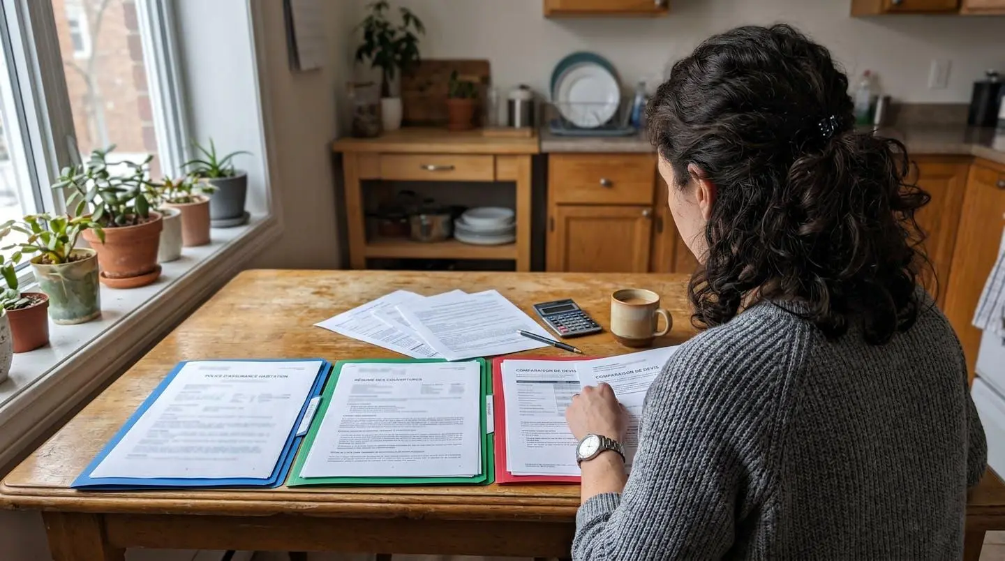 Personne de dos comparant trois documents de polices d'assurance habitation sur une table de cuisine