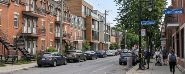 Rue résidentielle à Montréal avec immeubles à appartements, condos et maisons unifamiliales côte à côte