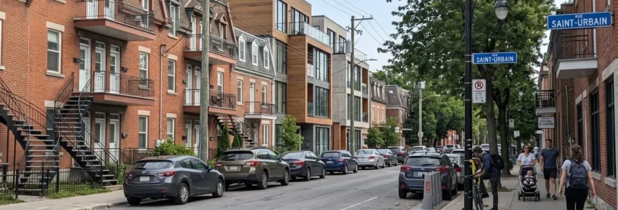 Rue résidentielle à Montréal avec immeubles à appartements, condos et maisons unifamiliales côte à côte