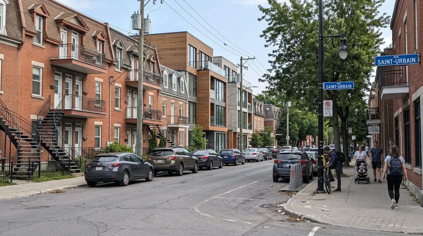 Rue résidentielle à Montréal avec immeubles à appartements, condos et maisons unifamiliales côte à côte