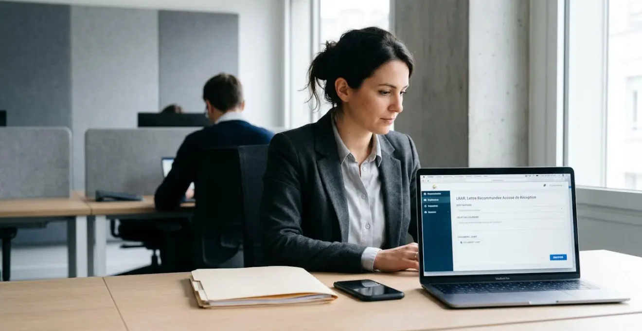 Bureau professionnel moderne avec ordinateur portable affichant une interface d'envoi de lettre recommandée électronique en français, lumière naturelle, environnement de travail contemporain épuré