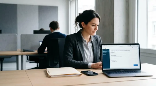 Bureau professionnel moderne avec ordinateur portable affichant une interface d'envoi de lettre recommandée électronique en français, lumière naturelle, environnement de travail contemporain épuré