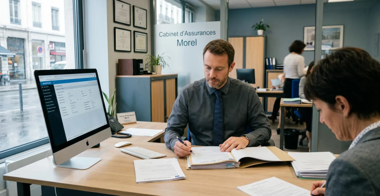 Conseiller d'assurance dans agence moderne consultant dossiers clients et documents contractuels sur son bureau, environnement professionnel français contemporain