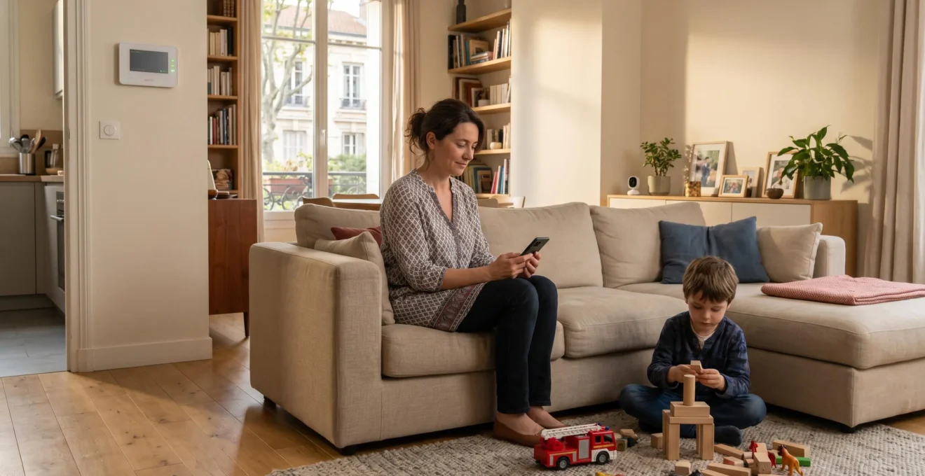 Femme consultant l'application mobile de télésurveillance sur son smartphone dans son salon, avec enfant jouant à proximité et centrale d'alarme visible en arrière-plan