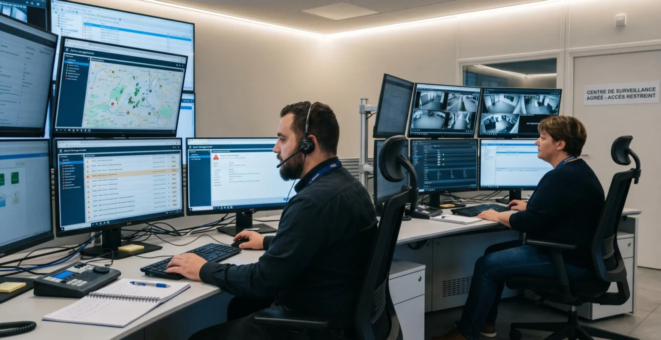 Opérateurs dans une station de télésurveillance professionnelle surveillant multiples écrans affichant cartographies et flux vidéo d'alarmes en temps réel