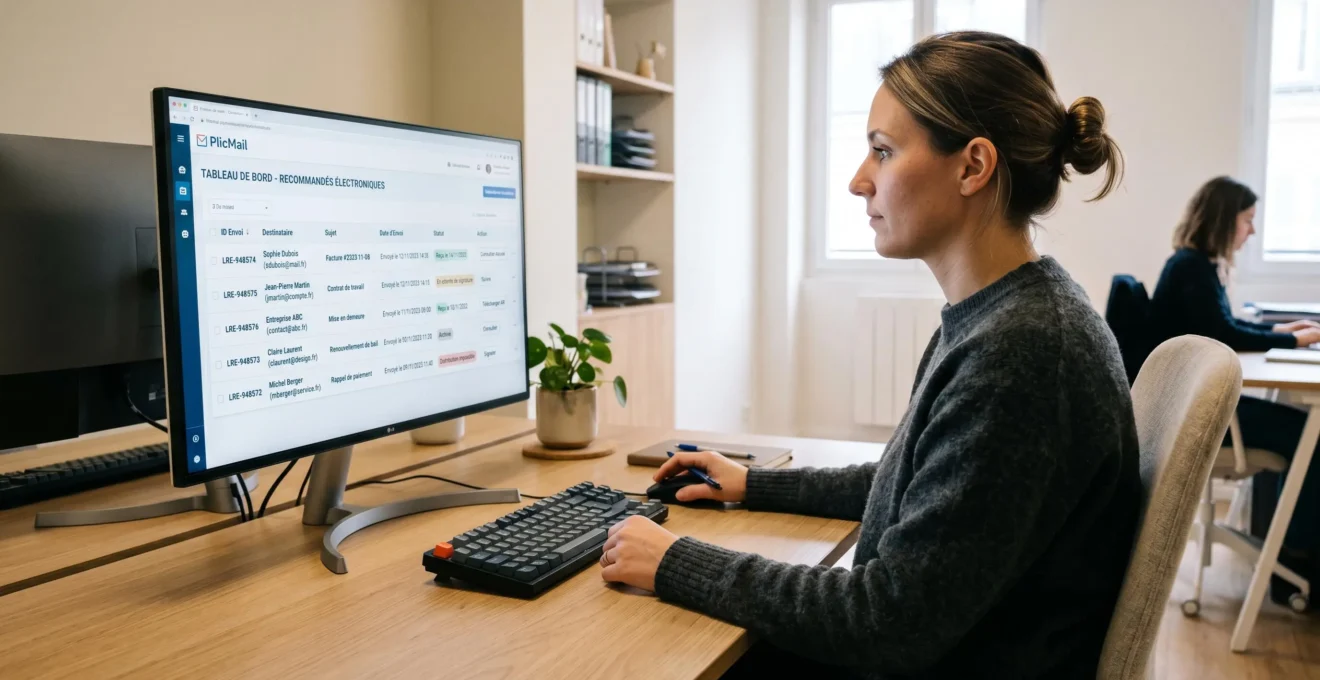 Professionnel consultant un tableau de bord de suivi des lettres recommandées électroniques sur écran d'ordinateur, interface en français affichant les statuts des envois
