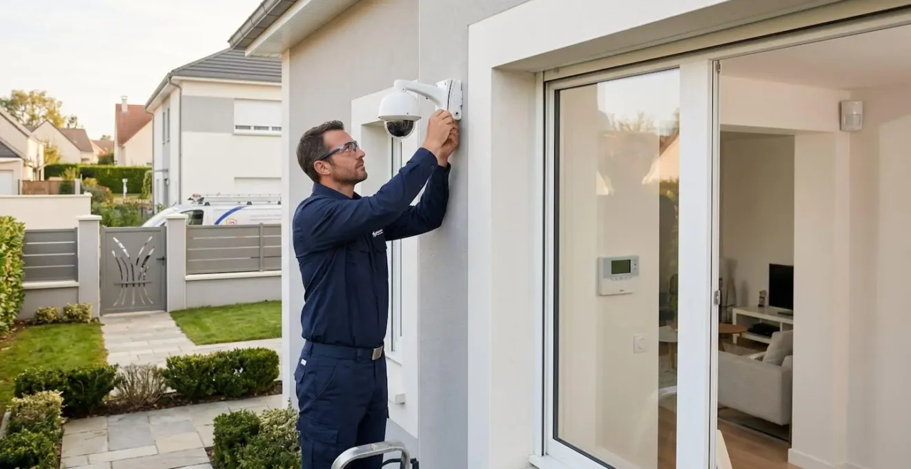 Technicien professionnel installant une caméra de télésurveillance sur la façade d'une maison individuelle, avec centrale d'alarme et détecteurs visibles à l'arrière-plan dans le salon