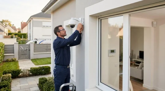 Technicien professionnel installant une caméra de télésurveillance sur la façade d'une maison individuelle, avec centrale d'alarme et détecteurs visibles à l'arrière-plan dans le salon